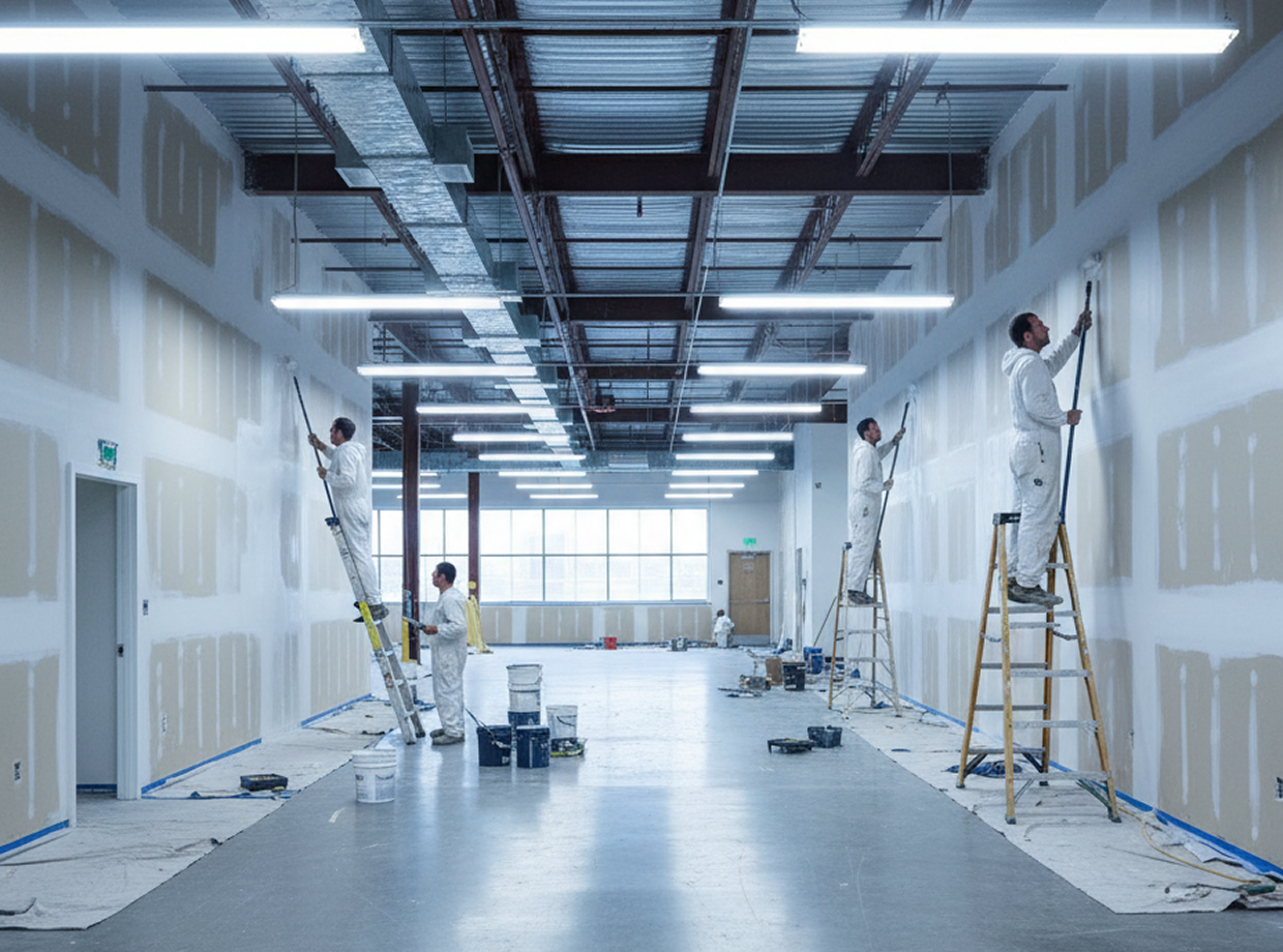 Group of men painting a large room with ladders, buckets, and other objects on the floor