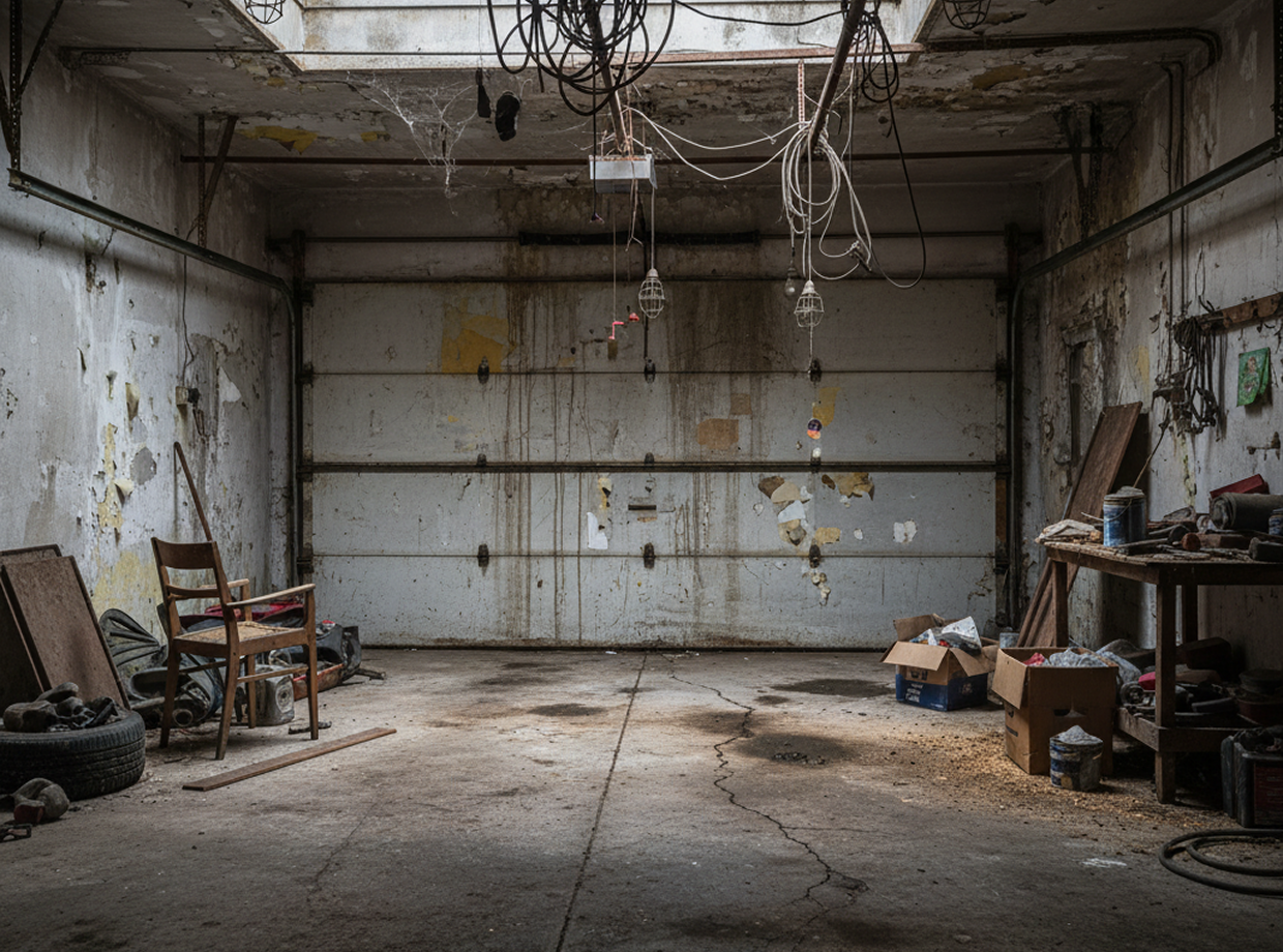 Abandoned warehouse with a chair, tire, wooden objects, cardboard boxes, and other objects scattered on the floor
