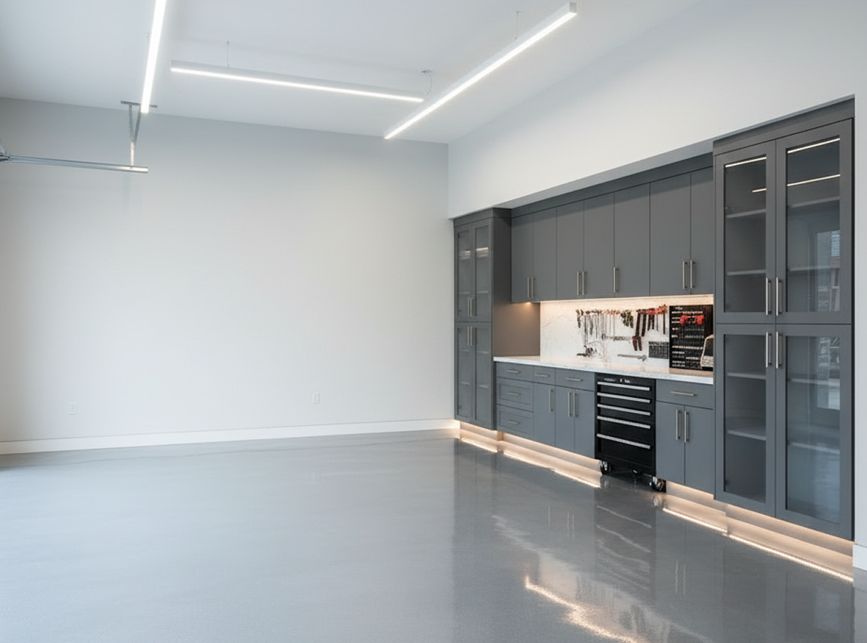 Garage with a white wall and gray cabinets, a platform with drawers and cupboards, and lights on the ceiling