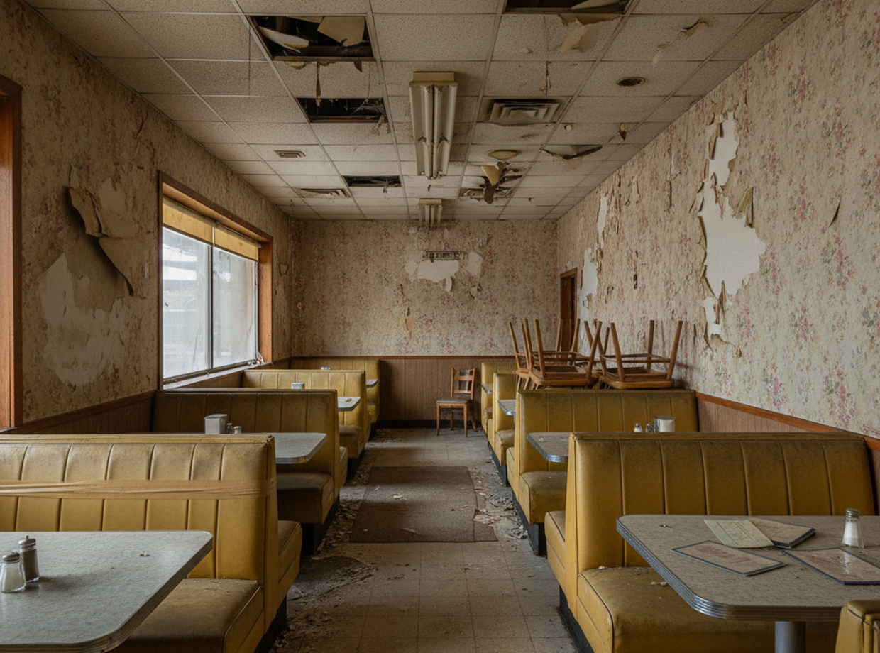 Empty restaurant with tables and chairs in it, surrounded by sofas, chairs, and other objects