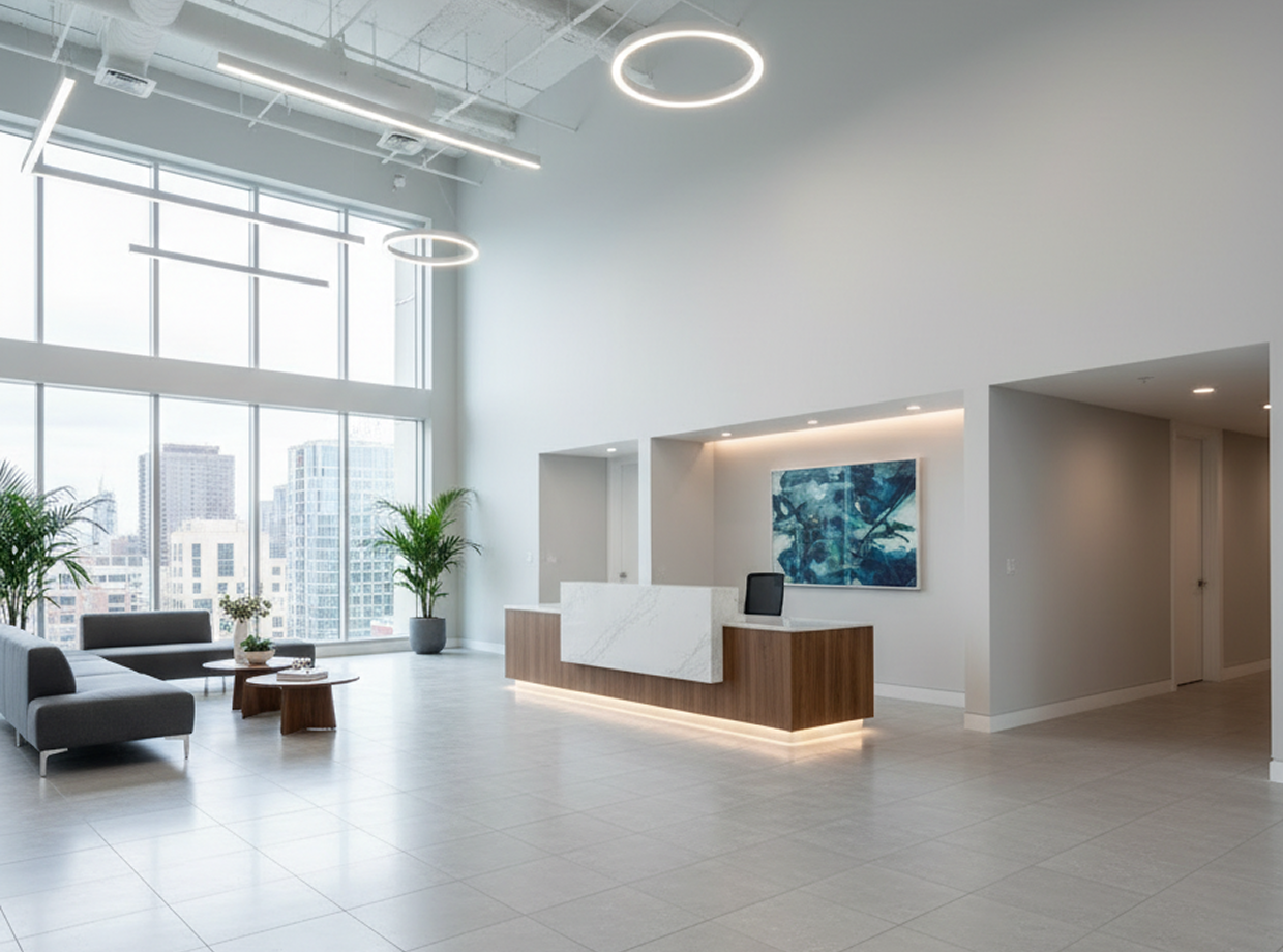 Modern office with a large window, a reception desk, a sofa set, houseplants, electric lights to the roof, a monitor
